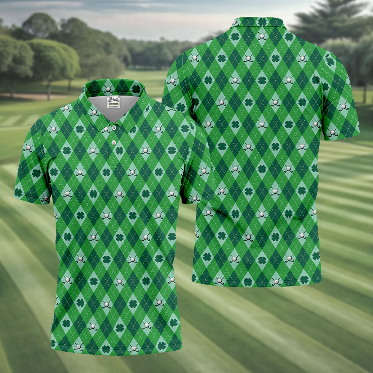 Lucky Four Leaf Clover Golf Ball Pattern Argyle Pattern St Patrick's Day Golf Shirt, Polo ShirtFor Men