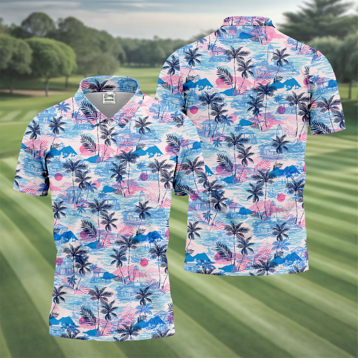Tropical Island Sunset Pink And Blue Hawaiian Golf Shirt, Polo Shirtor Men, Golfing Apparel