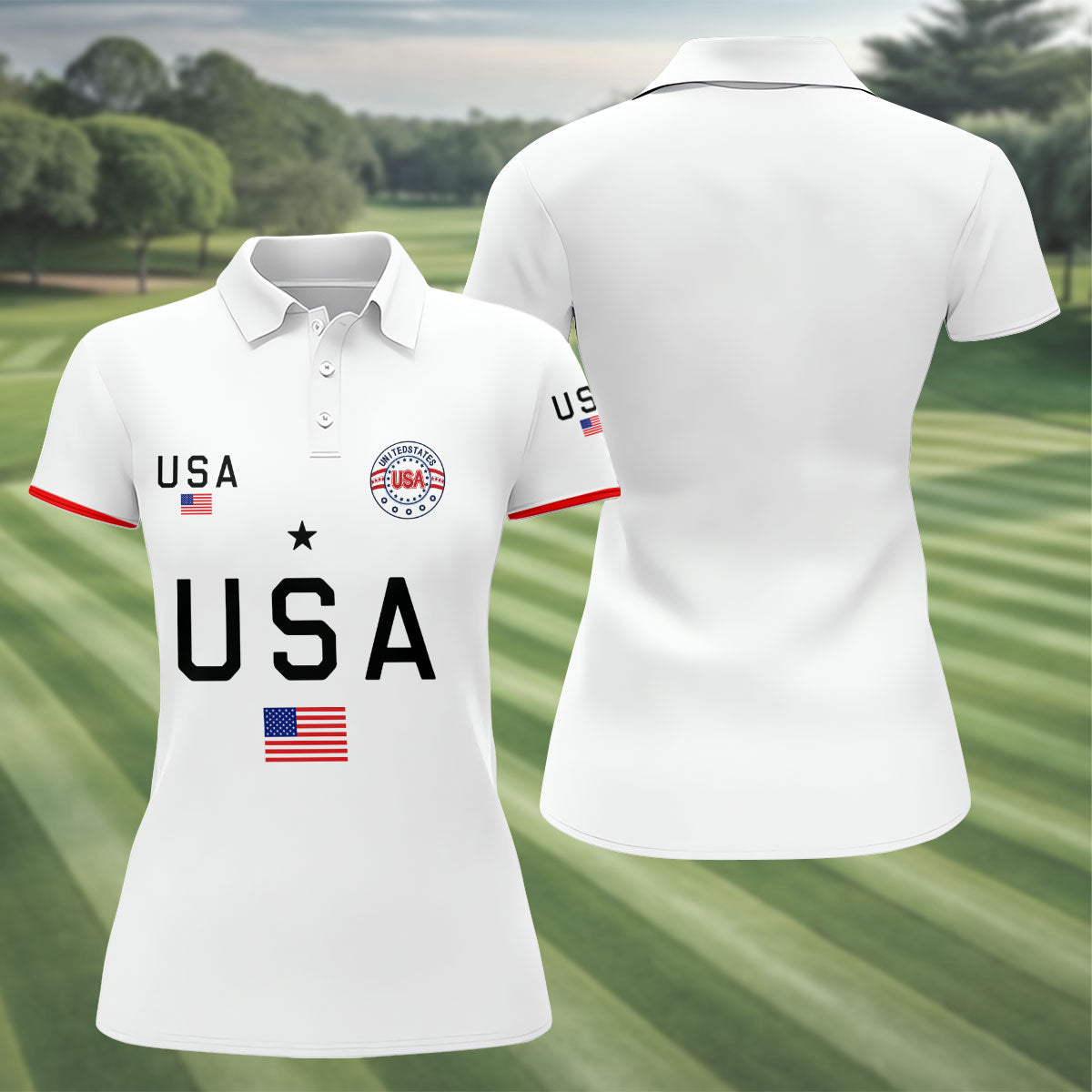 USA Flag Print 250 Years Anniversary 1776-2026 White Golf Shirt, Patriotic 4th Of July Golf Shirt For Women