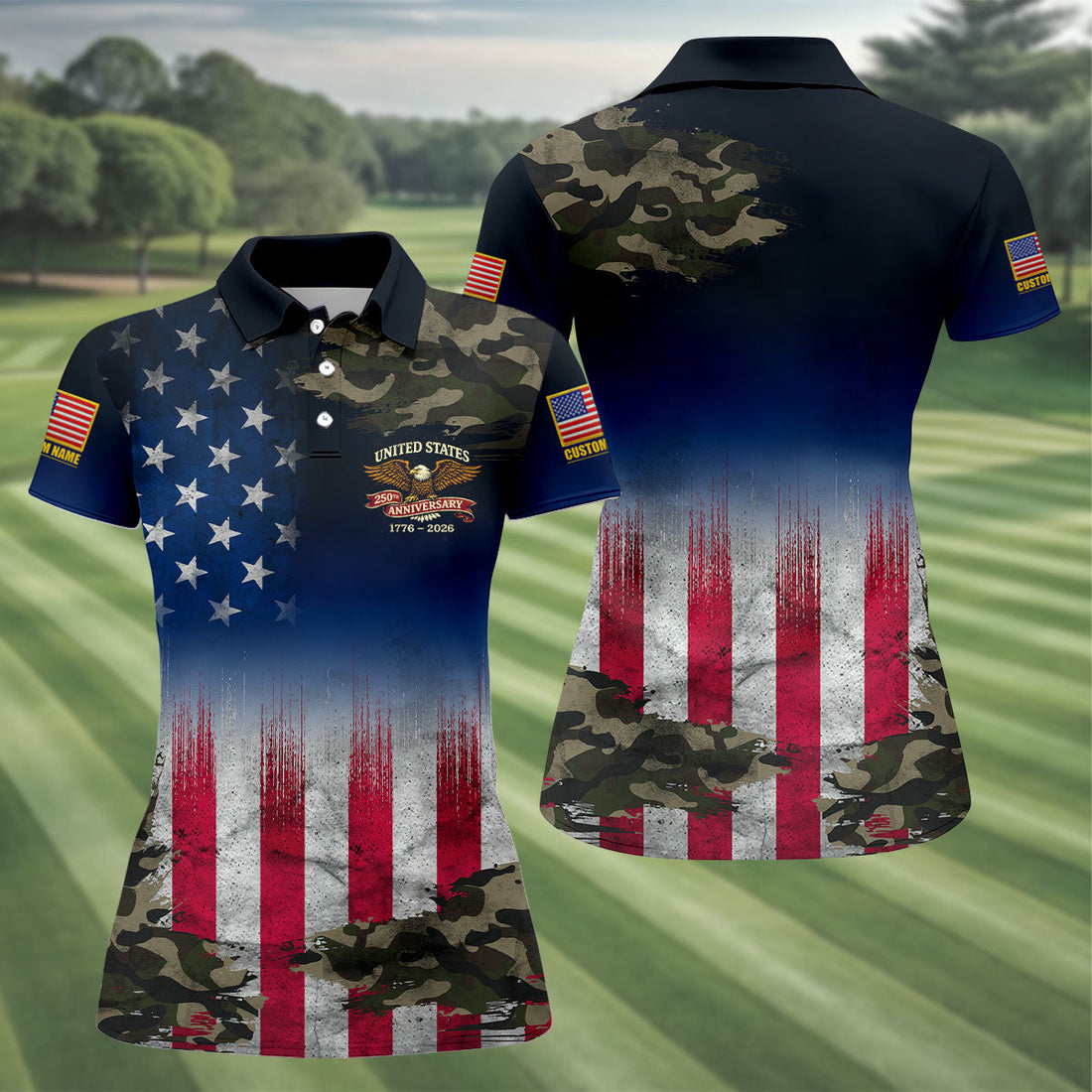 United States 250th Anniversary Camo Patriotic 4th Of July Golf Shirt, Distressed Flag Golf Shirt For Women