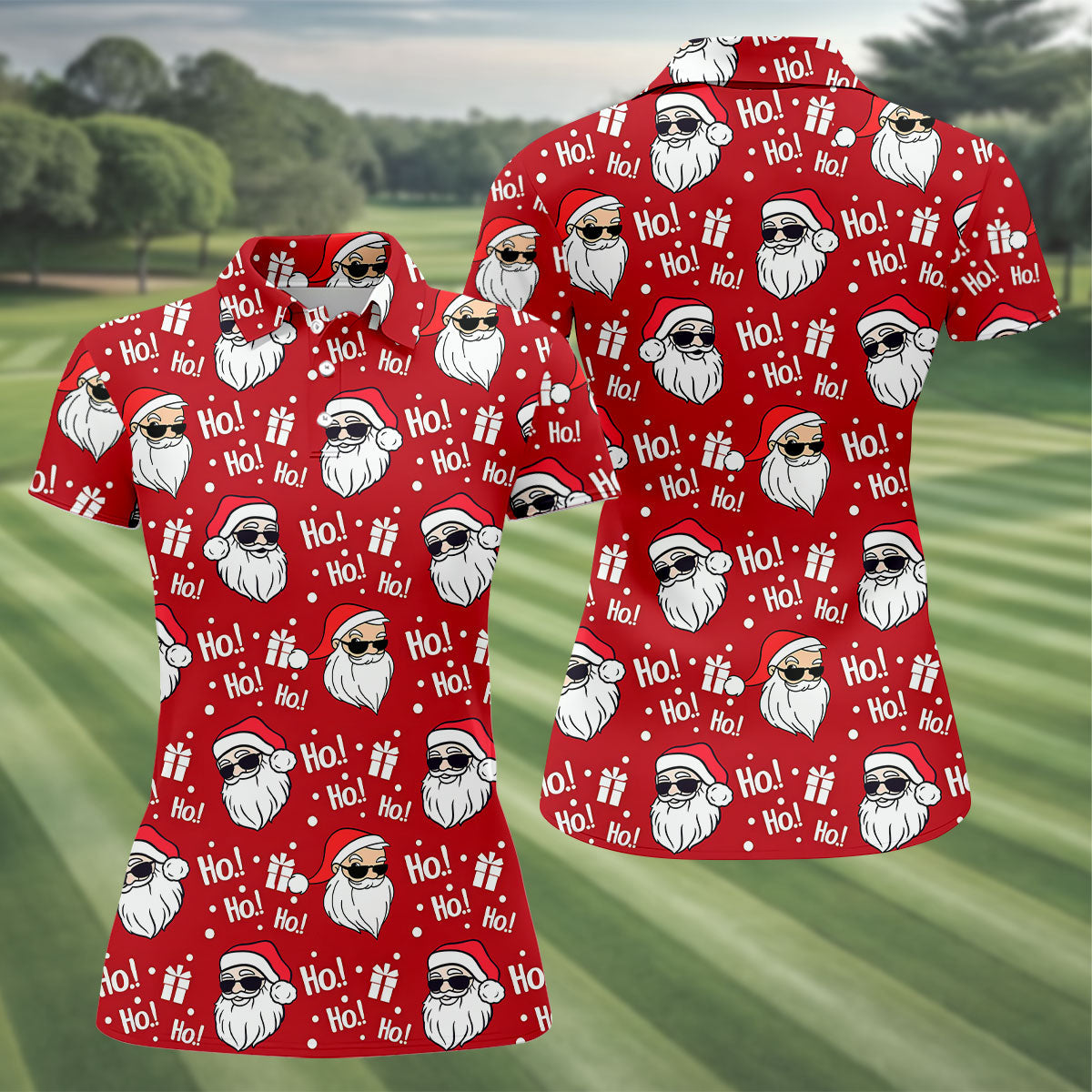 Santa Claus Pattern Christmas Red Fun Women's Golf Shirts, Christmas Golf Shirt, Ladies Golf Shirts