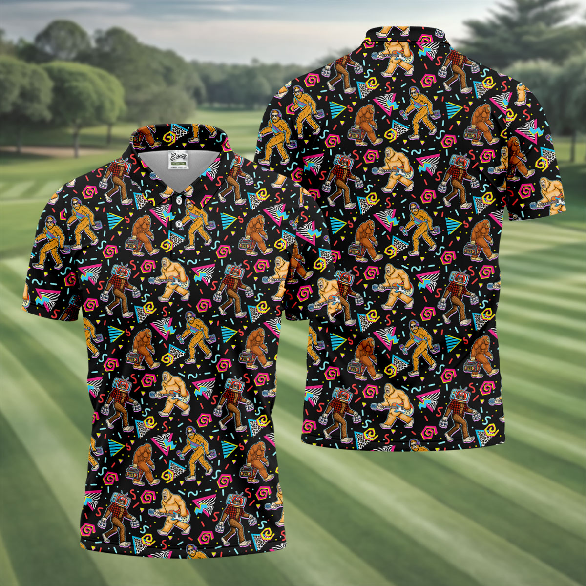 Retro Bigfoot Monkey Guitar Boombox Golf Shirt, Polo Shirts For Men, Mens Golf Apparel, Golf Polo Shirts For Men
