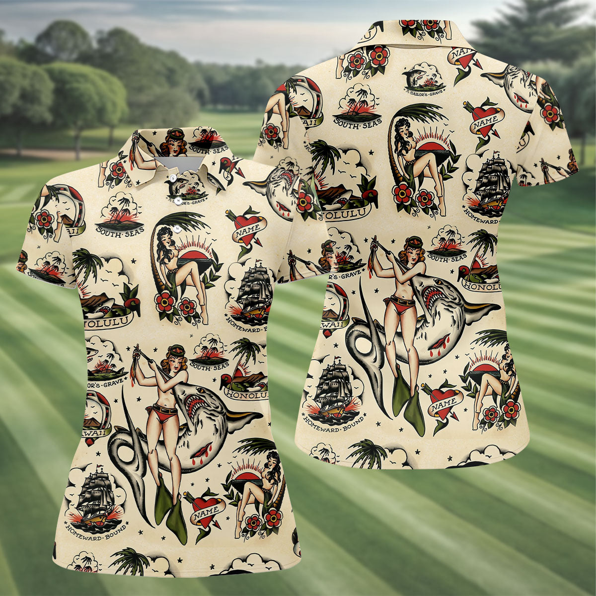 Vintage Hawaiian Pin Up Shark Tattoo Golf Shirt, Ladies Golf Shirts, Women’s Golf Apparel