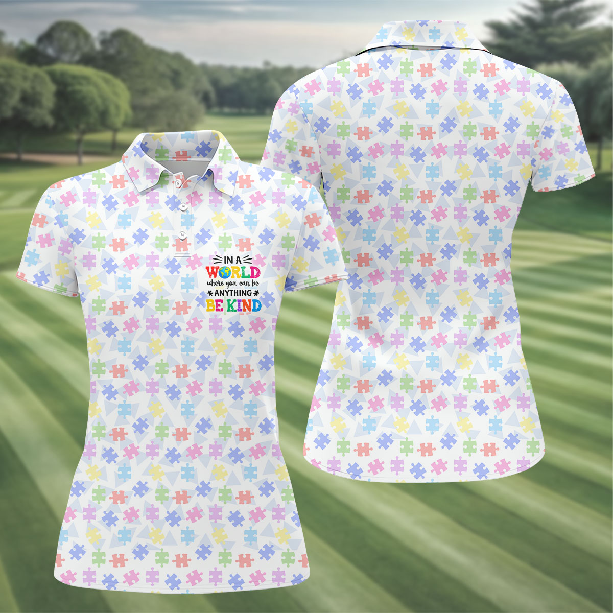 In A World Where You Can Be Anything Be Kind Autism Puzzle Women Golf Top, Ladies Golf Shirts