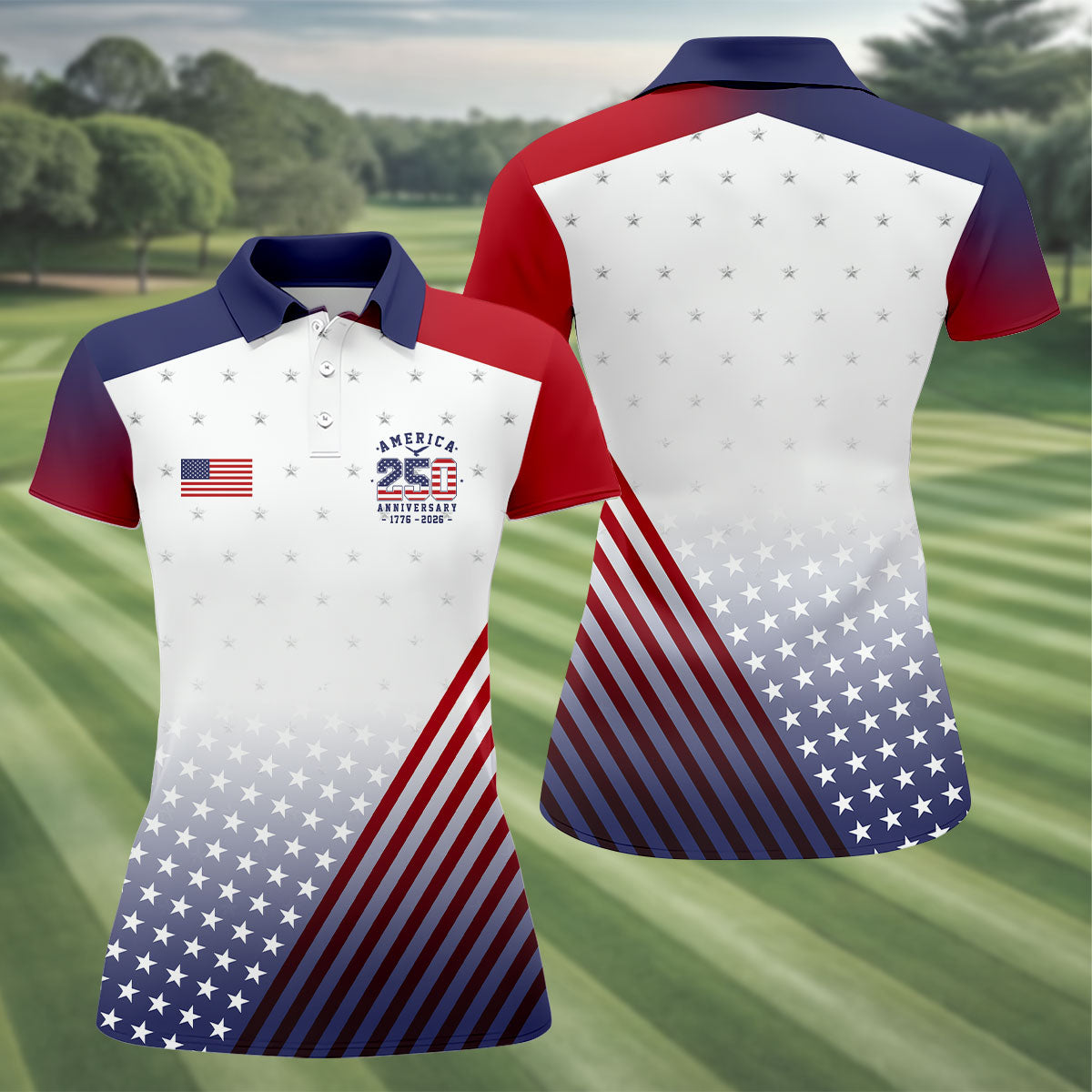 America 250 Anniversary 1776-2026 Flag Logo Golf Shirt For Women, Patriotic 4th Of July Golf Shirt