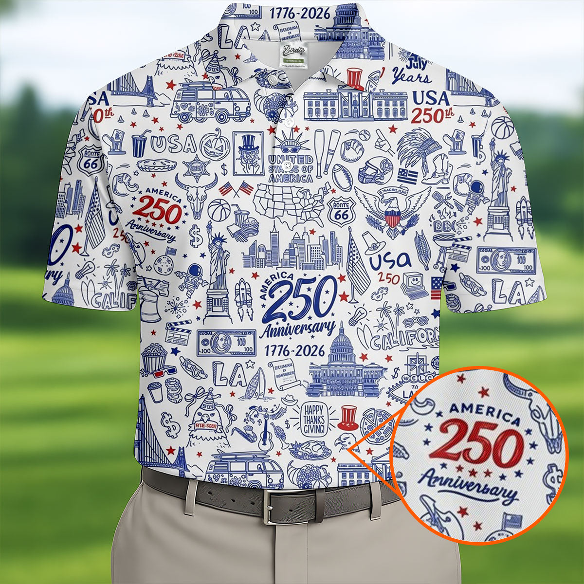 America 250 Anniversary US Symbols Doodle Pattern Patriotic Golf Shirt, 4th Of July Golf Shirts For Men