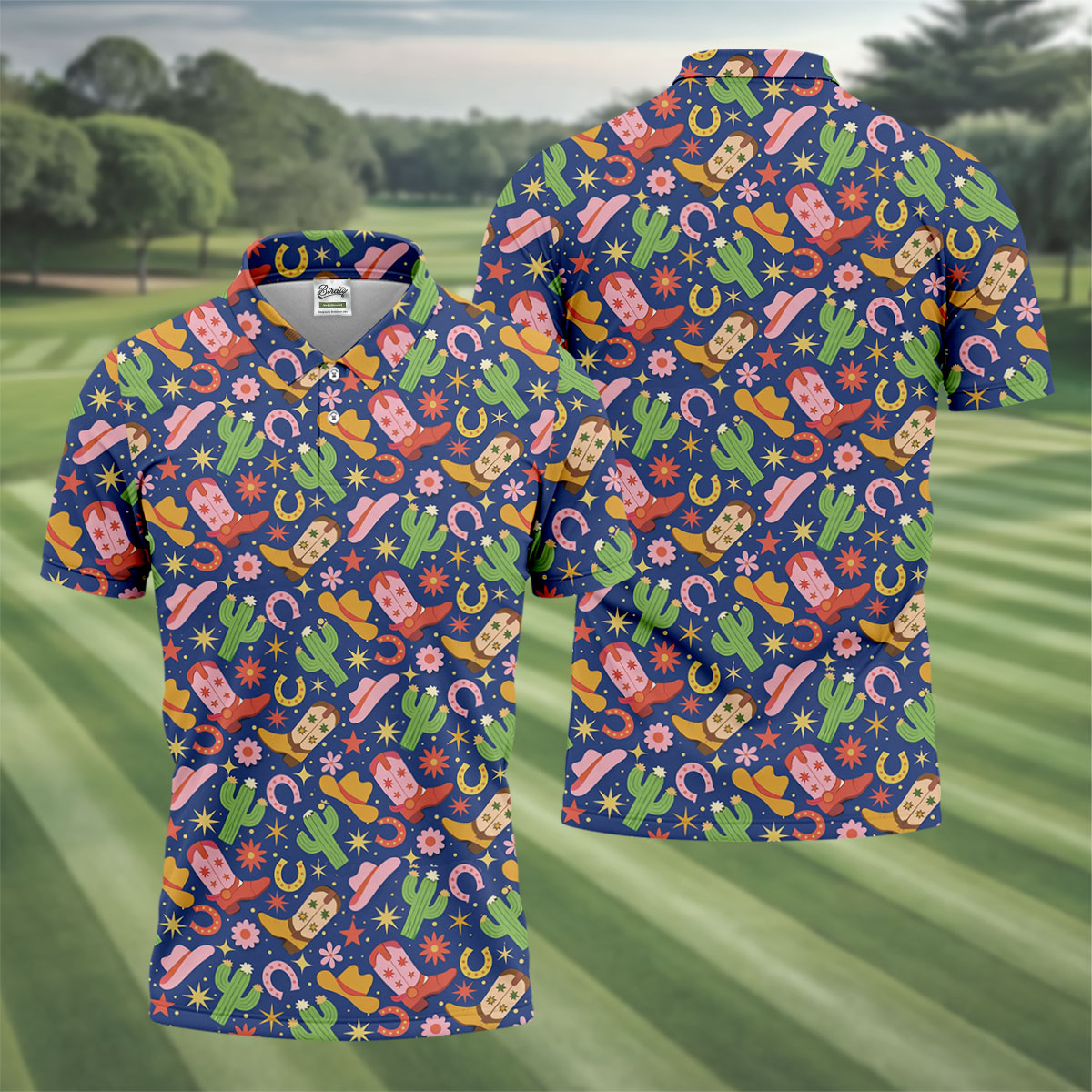 Western Cowboy Golf Shirt, Desert Cactus Horseshoe Pattern, Golf Shirt For Men