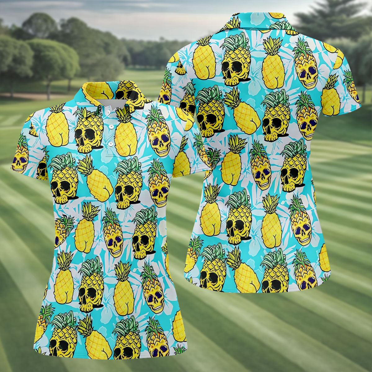 Tropical Pineapple Skull Pattern Golf Shirt, Women’s Golf Polo, Hawaiian Golf Shirt, Ladies Golf Shirts