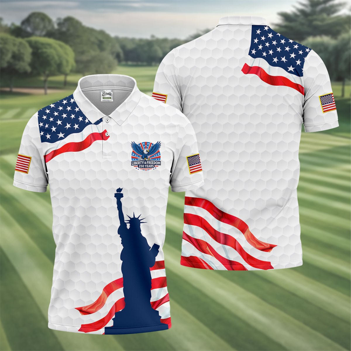 Liberty And Freedom 250 Years Golf Ball Pattern Patriotic Golf Shirt, 4th Of July Polo Shirtor Men