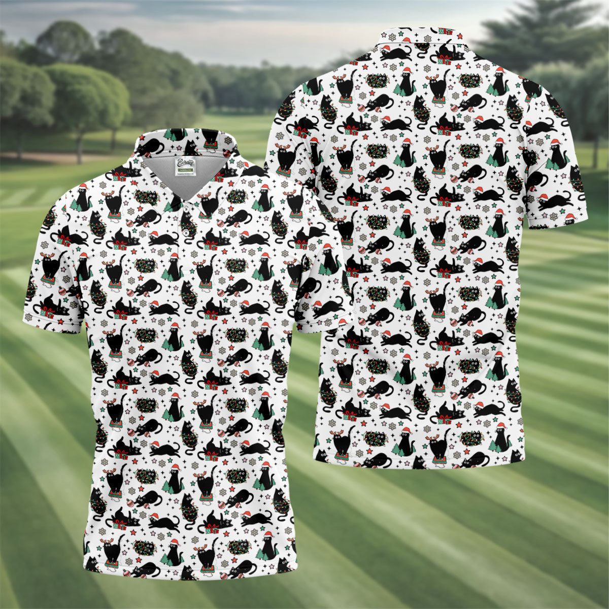 Xmas Black Cat Polo Shirtor Men, Christmas Golf Shirt, Golf Gift For Men, Christmas Golf Shirt