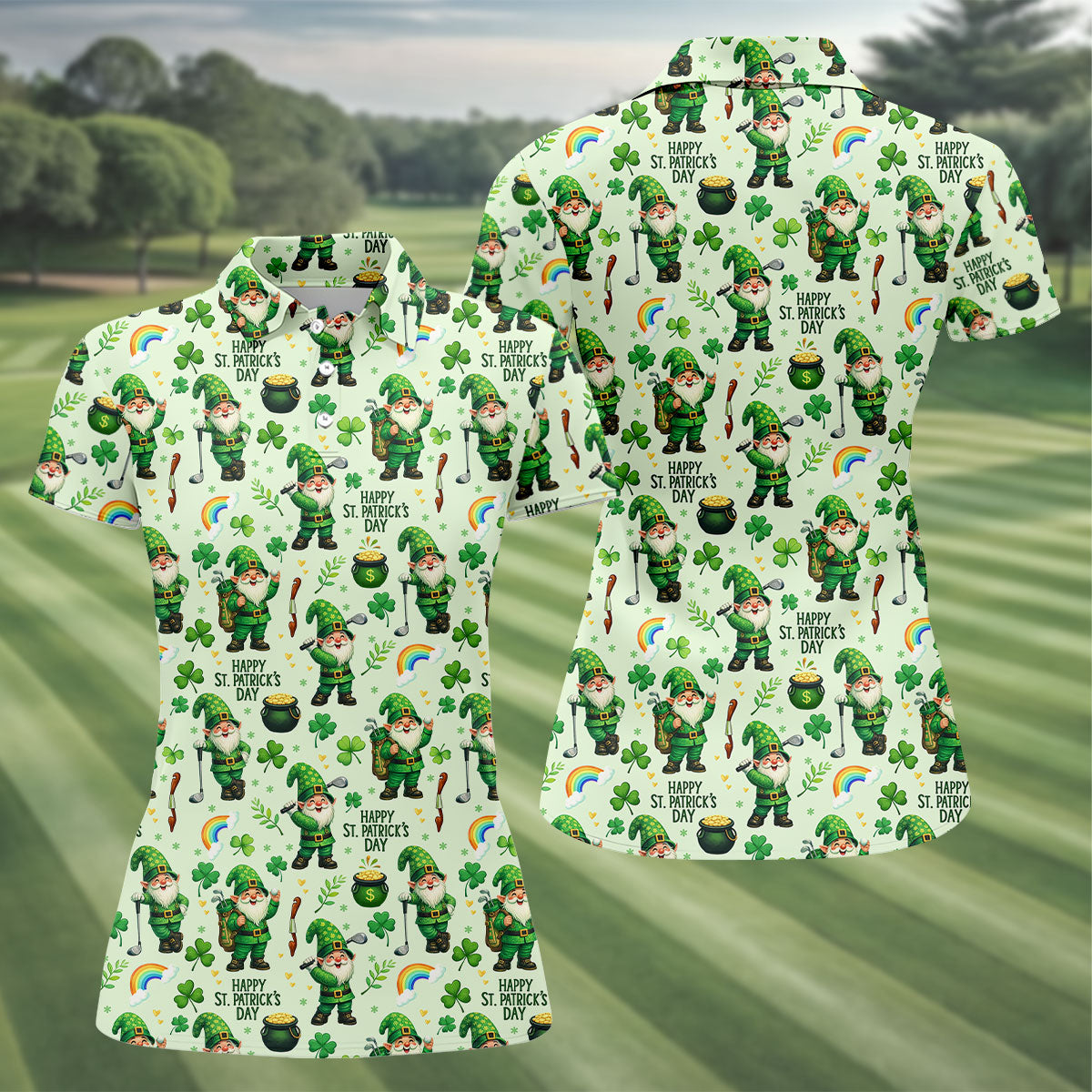 Happy St Patrick's Day Gnome Shamrock Golf Shirt, Funny Golf Shirts Women, Ladies Golf Polos
