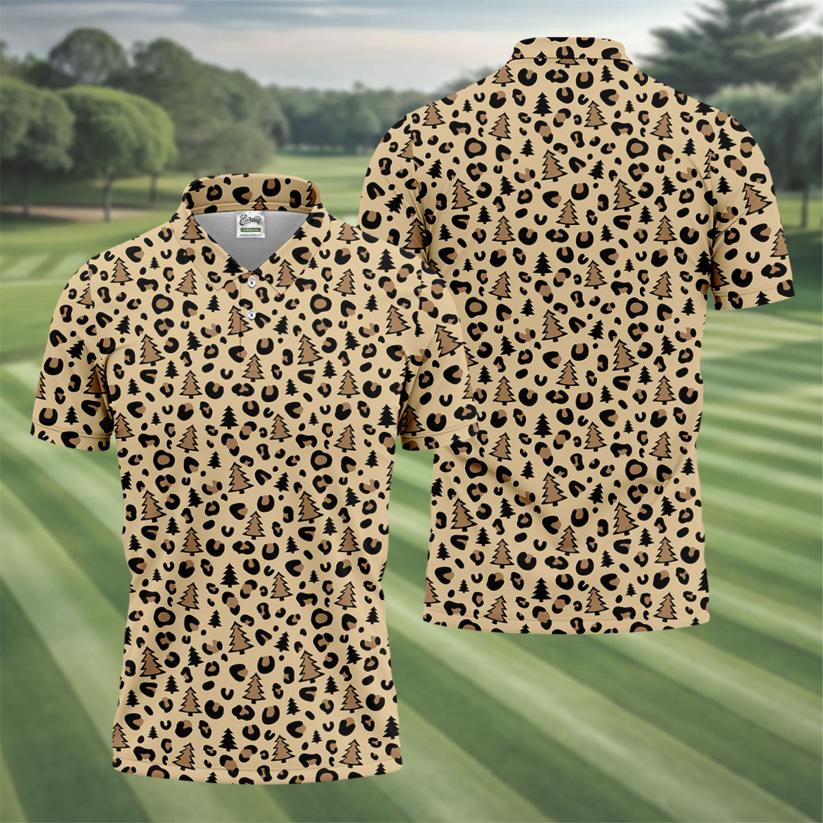 Xmas Pine Tree Leopard Pattern Brown Golf Shirt, Christmas Golf Shirt, Cute Golf Outfit, Polo ShirtFor Men