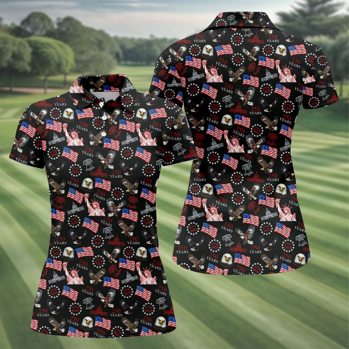 250 Years American Symbol Patriotic Pattern Black Golf Shirt, 4th Of July Golf Shirt, Golf Shirt For Women