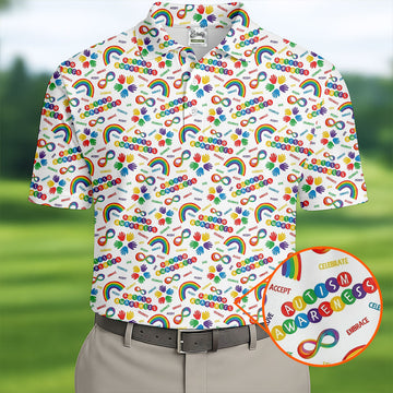 Autism Awareness Rainbow Pattern Colorful Handprints White Golf Shirt, Polo ShirtFor Men