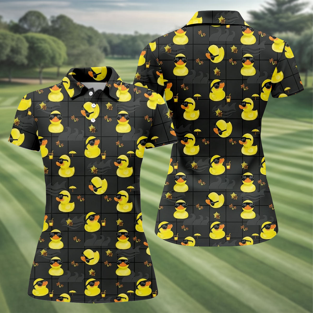 Yellow Rubber Duck Fun Women's Golf Shirts, Black Golf Shirt, Ladies Golf Shirts, Women's Polo Shirt