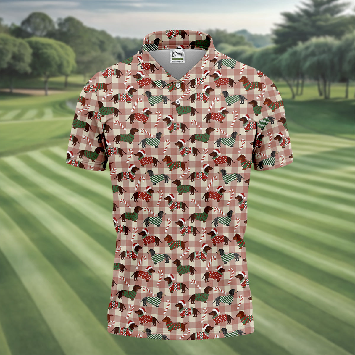 Christmas Dachshund Pink Checkered Golf Tops For Men, Christmas Golf Shirt, Polo Shirtor Men