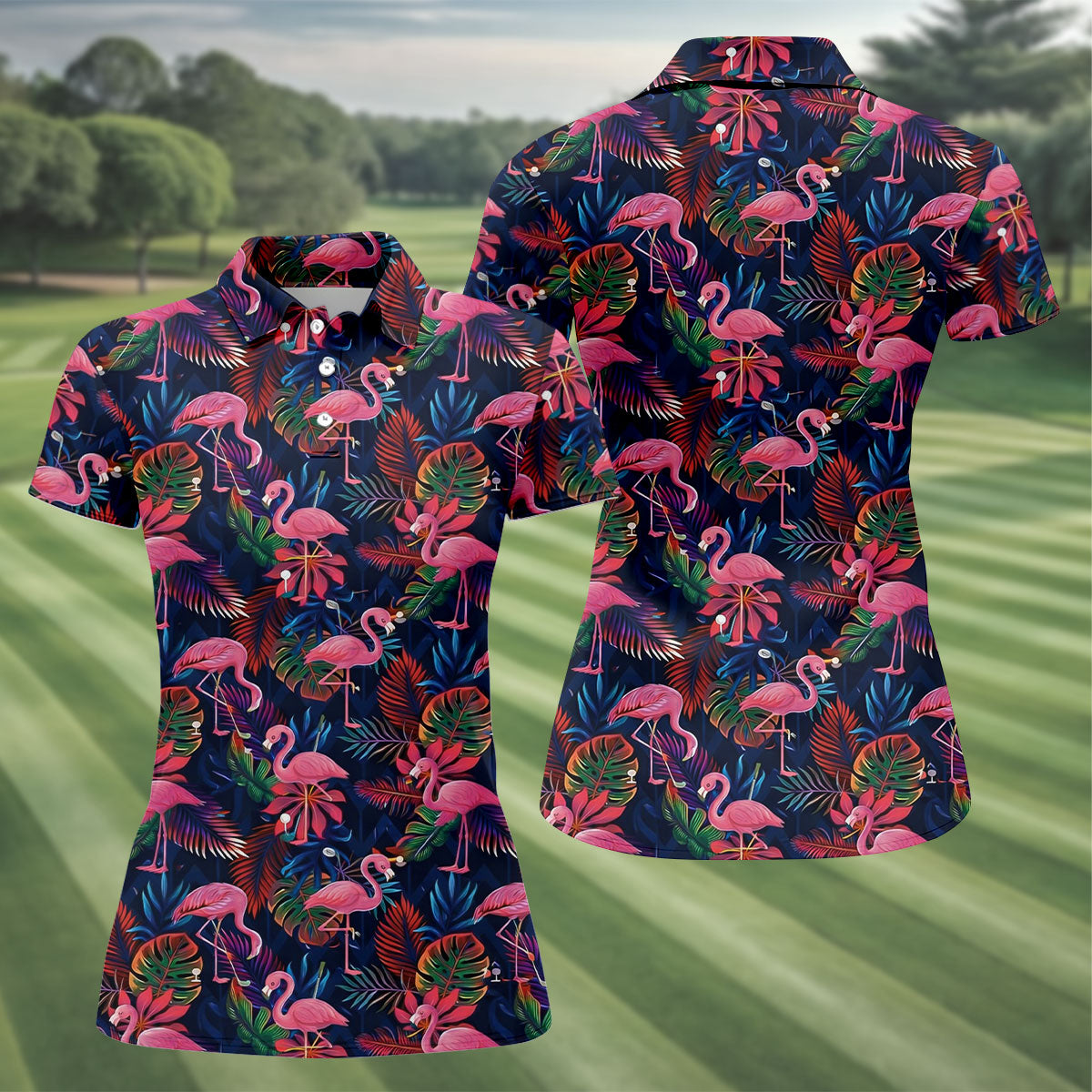 Dark Tropical Pink Flamingo Pattern Golf Shirt, Women’s Golf Apparel, Hawaiian Golf Shirt, Golf Polo For Women