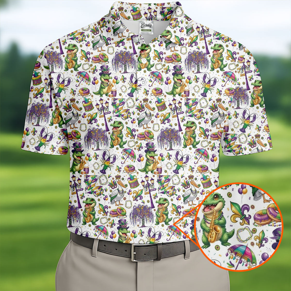 Mardi Gras Fleur De Lis Animal Band White Golf Shirt, Golf Tops For Men, Polo Shirt Men