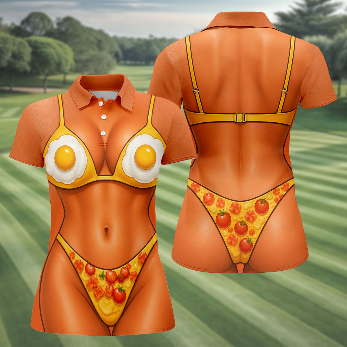 Funny Fried Egg Bikini Body Golf Shirt, Women’s Golf Polo, Ladies Golf Tops, Printed Golf Shirt