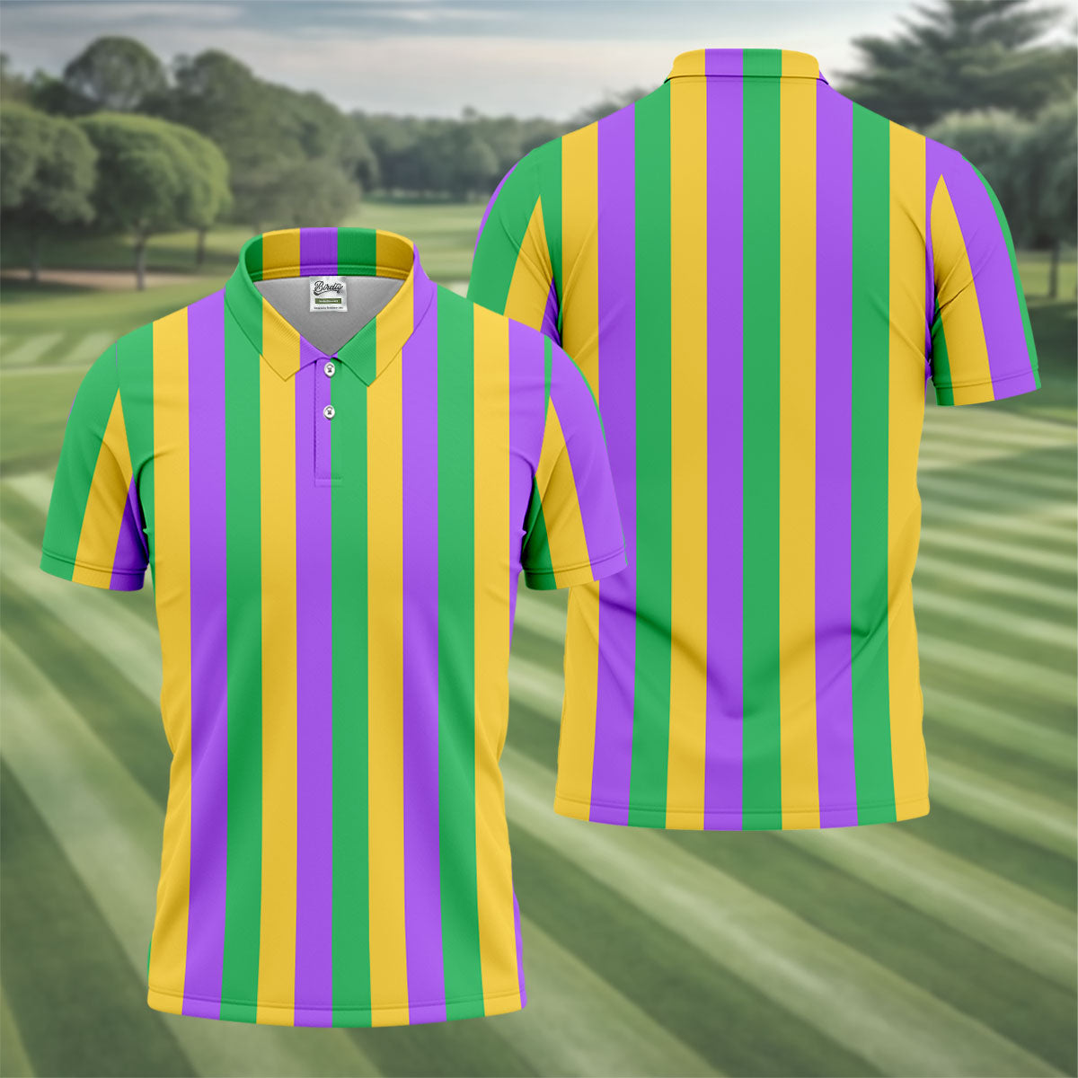 Green Gold Purple Vertical Stripe Mardi Gras Golf Shirt, Polo ShirtFor Men, Golf Shirts For Men