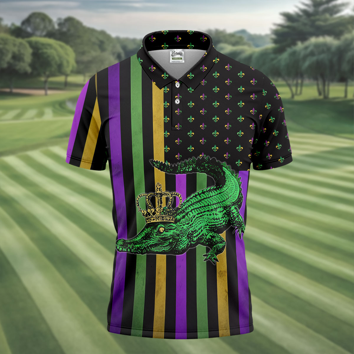Mardi Gras Aligator Purple Green Gold Vertical Stripes Fleur De Lis Golf Tops For Men, Polo ShirtFor Men