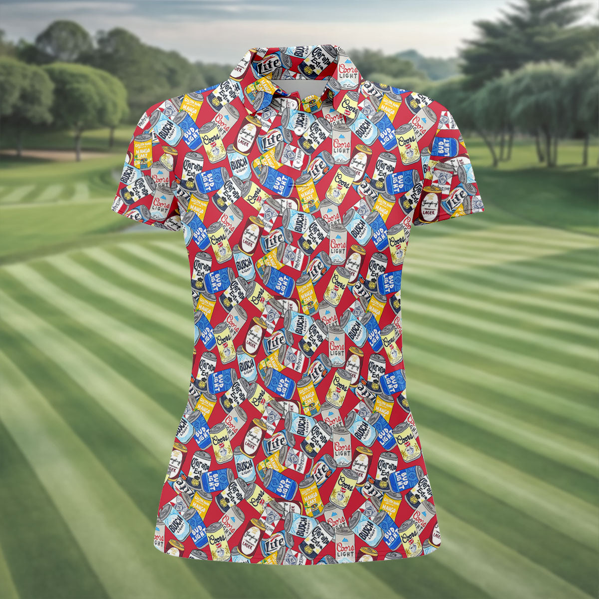 American Beer Cans Red Golf Shirt, Ladies Golf Shirts, Golf And Beer Golf Shirt For Women