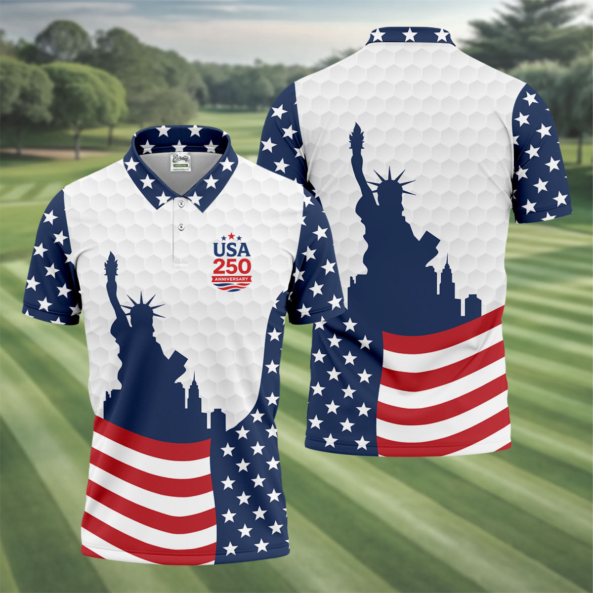 USA 250 Anniversary Silhouette Of Statue Of Liberty White Golf Shirt, 4th Of July Golf Shirts For Men