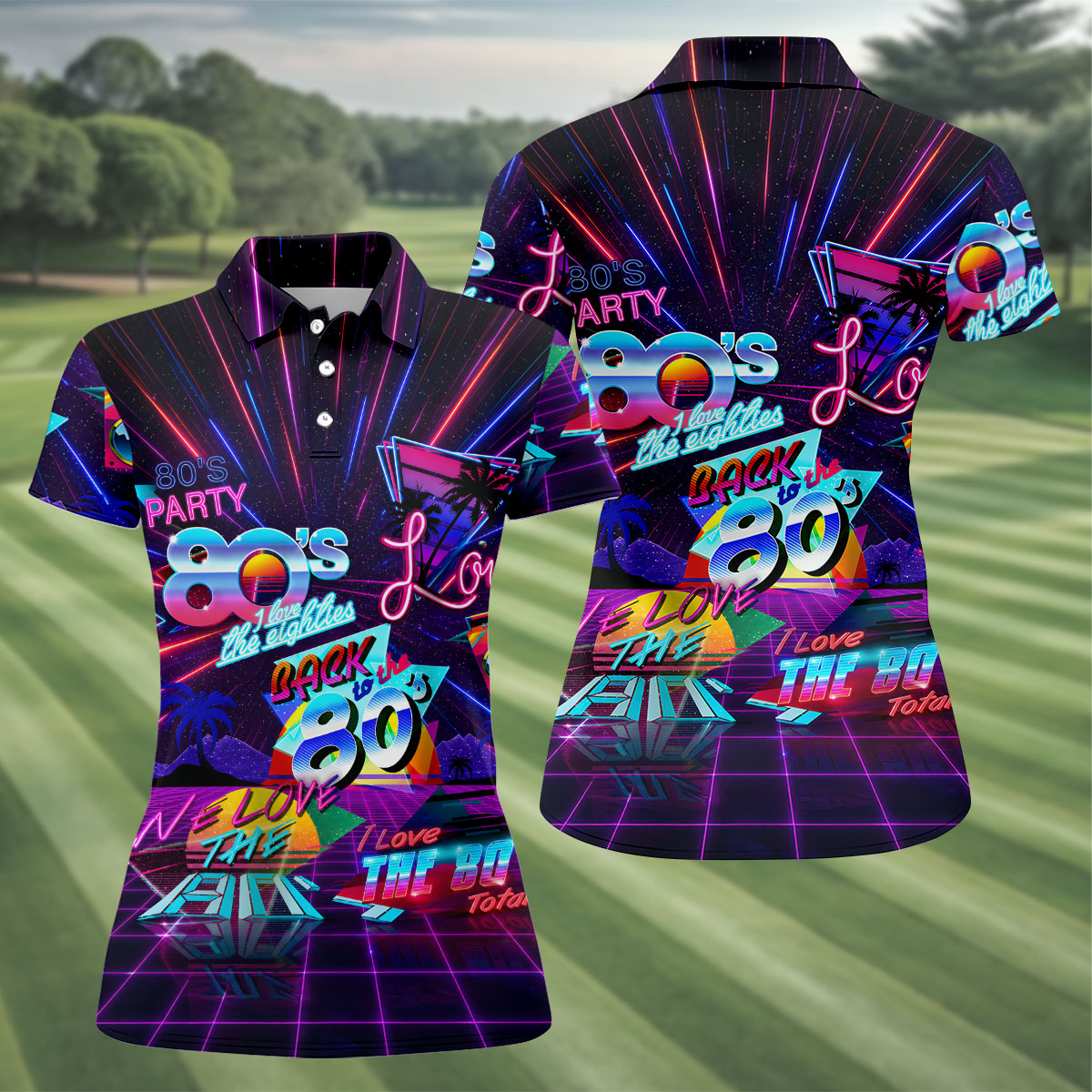 80s Retro Party Golf Shirt, Neon Synthwave Sunset Pattern, Golf Shirt For Women