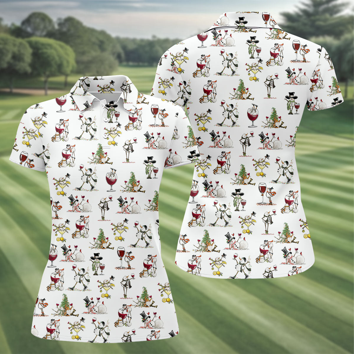 Funny Snowman Drinking Wine White Golf Shirt, Christmas Golf Shirt, Women's Golf Tops, Ladies Golf Shirts