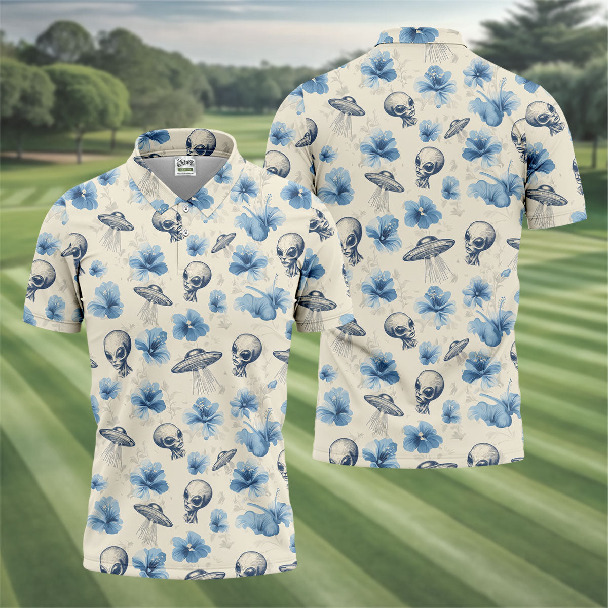 Funny Alien Blue Hibicus Tropical Theme Hawaiian Golf Shirt, Polo ShirtFor Men, Golfing Apparel