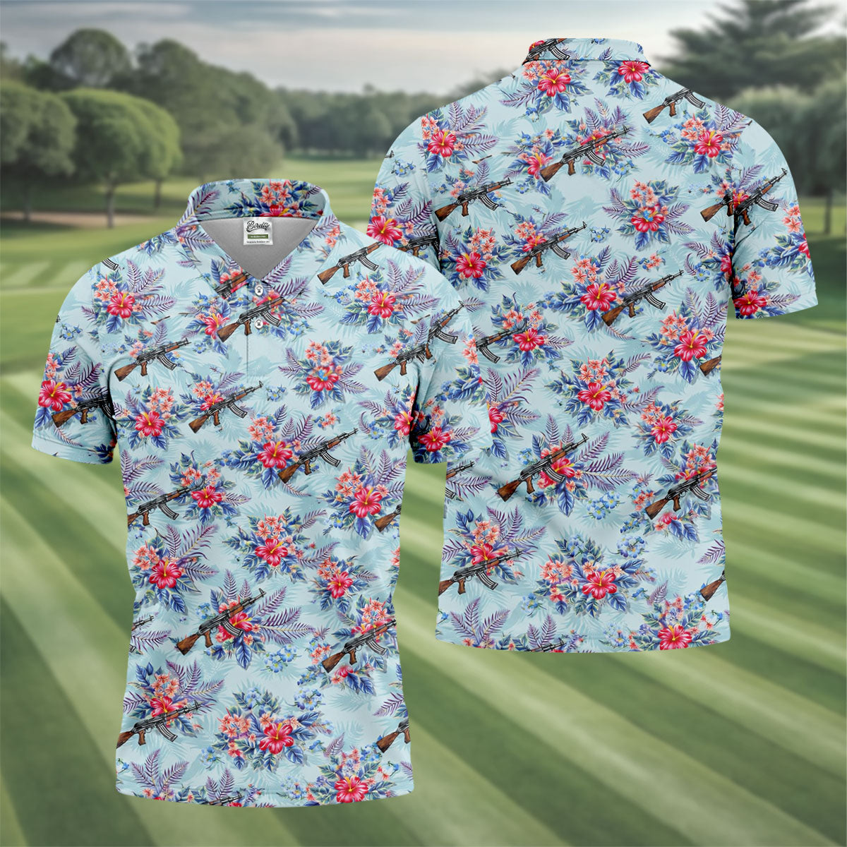 Hawaiian Floral Military Theme Light Blue Golf Shirt, Golf Shirts For Men, Polo ShirtFor Men