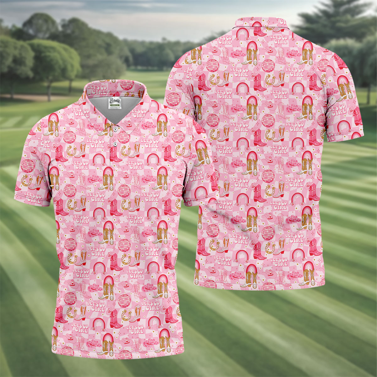 Let's Go Girl Pink Checkered Western Cowgirl Golf Tops For Men, Polo Shirtor Men, Golf Shirts For Men