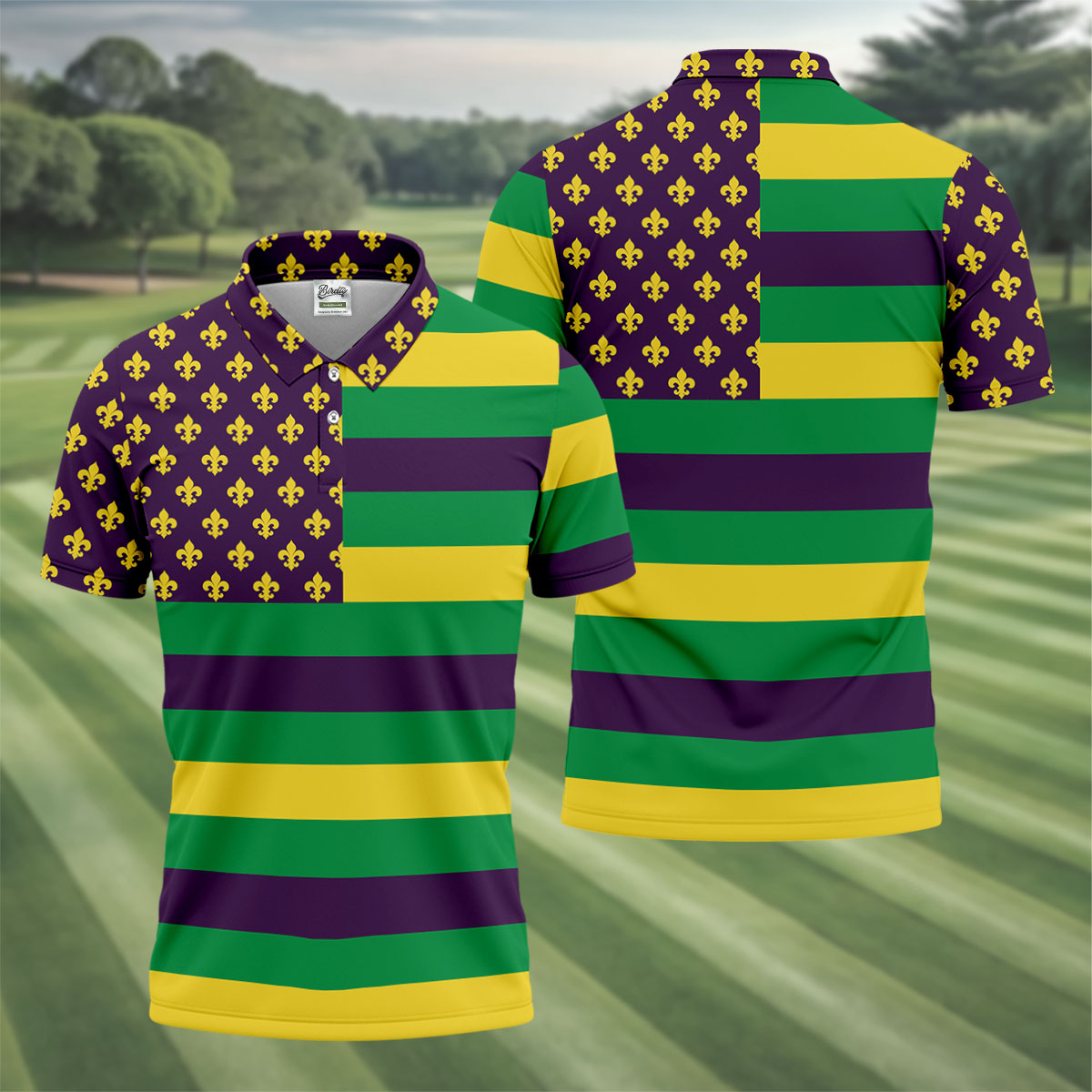 Mardi Gras Flags Fleur De Lis Purple Green Gold Golf Tops For Men, Polo ShirtFor Men, Golf Shirts For Men