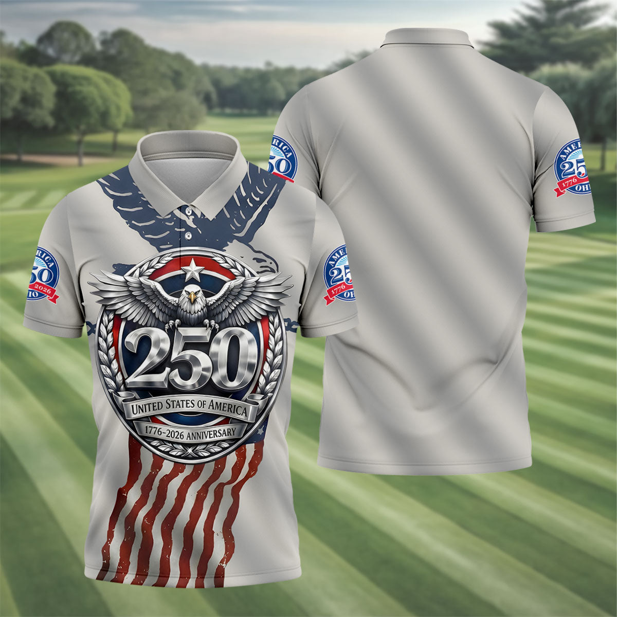 250 US 1776-2026 Anniversary Silver Print Golf Tops For Men, Patriotic 4th Of July Golf Shirts For Men
