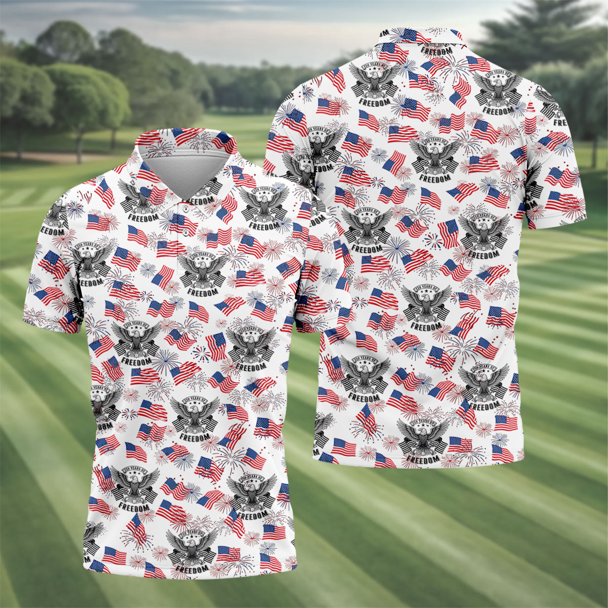 250 Years Of Freedom Festive Flag Vintage White Golf Shirt, Patriotic 4th Of July Golf Shirts For Men