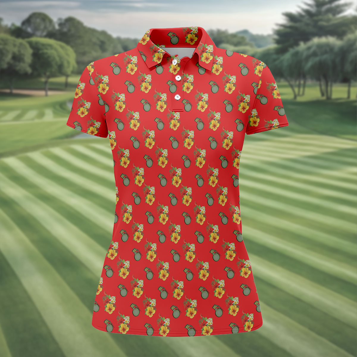 Hibiscus Flowers Green Grenades Seamless Pattern Red Golf Shirt, Women's Golf Tops, Ladies Golf Shirt