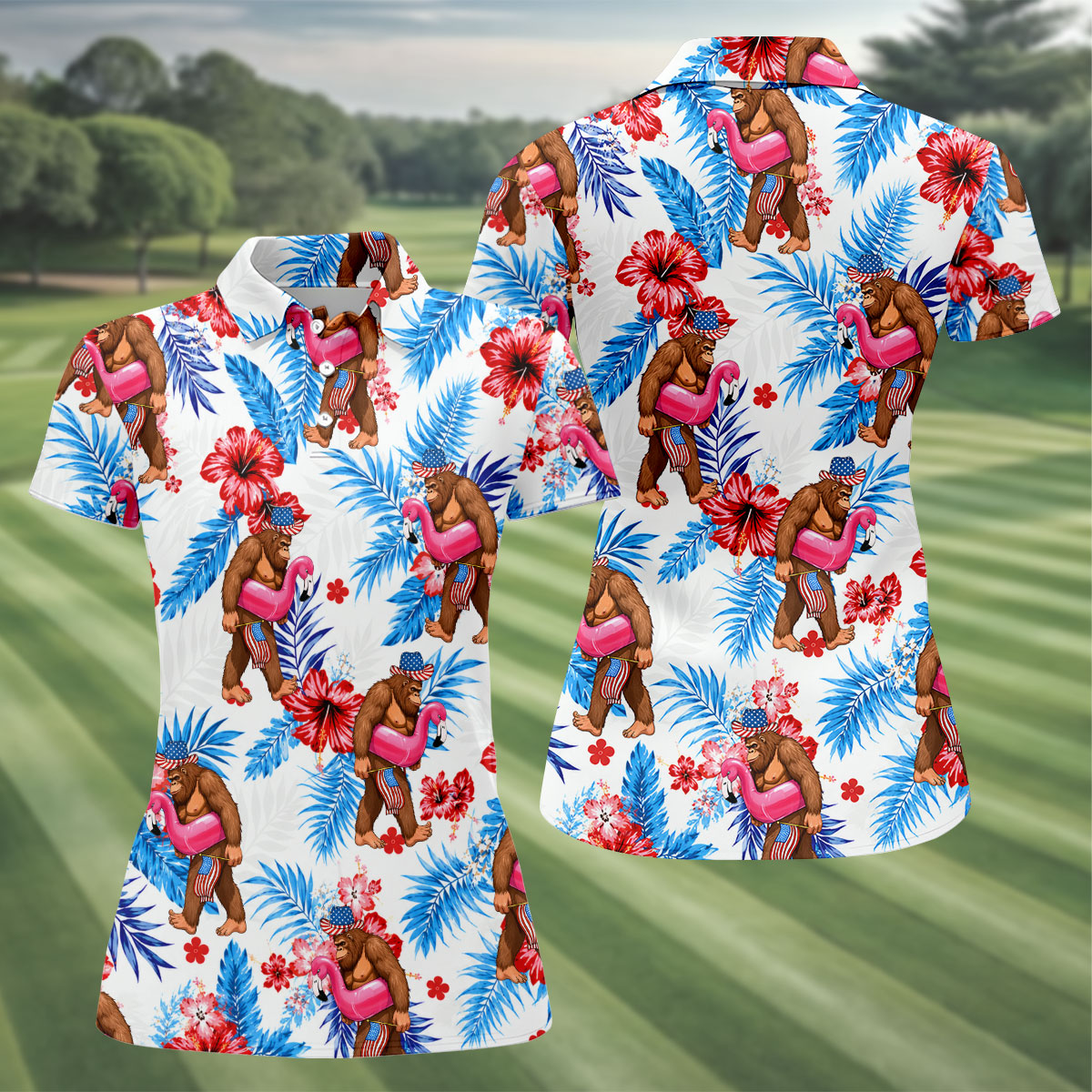 Bigfoot Flamingo Float Tropical Hawaiian Golf Shirt, Hawaiian Golf Shirt, Golf Tops For Women