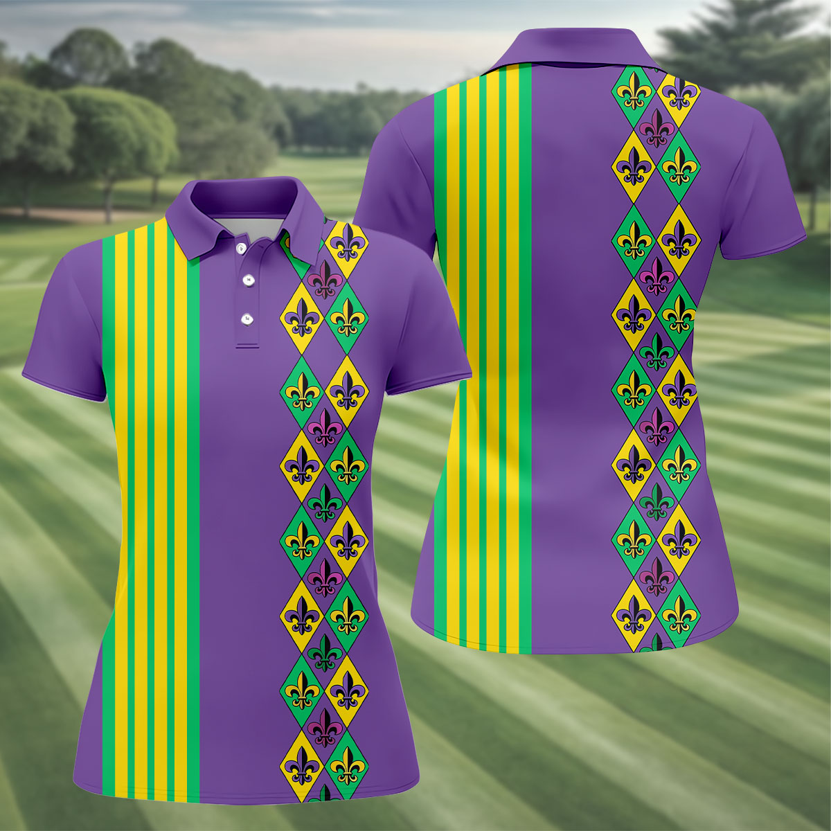 Fleur De Lis Argyle Pattern Purple Green Gold Stripes Women's Golf Shirts, Ladies Golf Polos, Golf Shirt For Women
