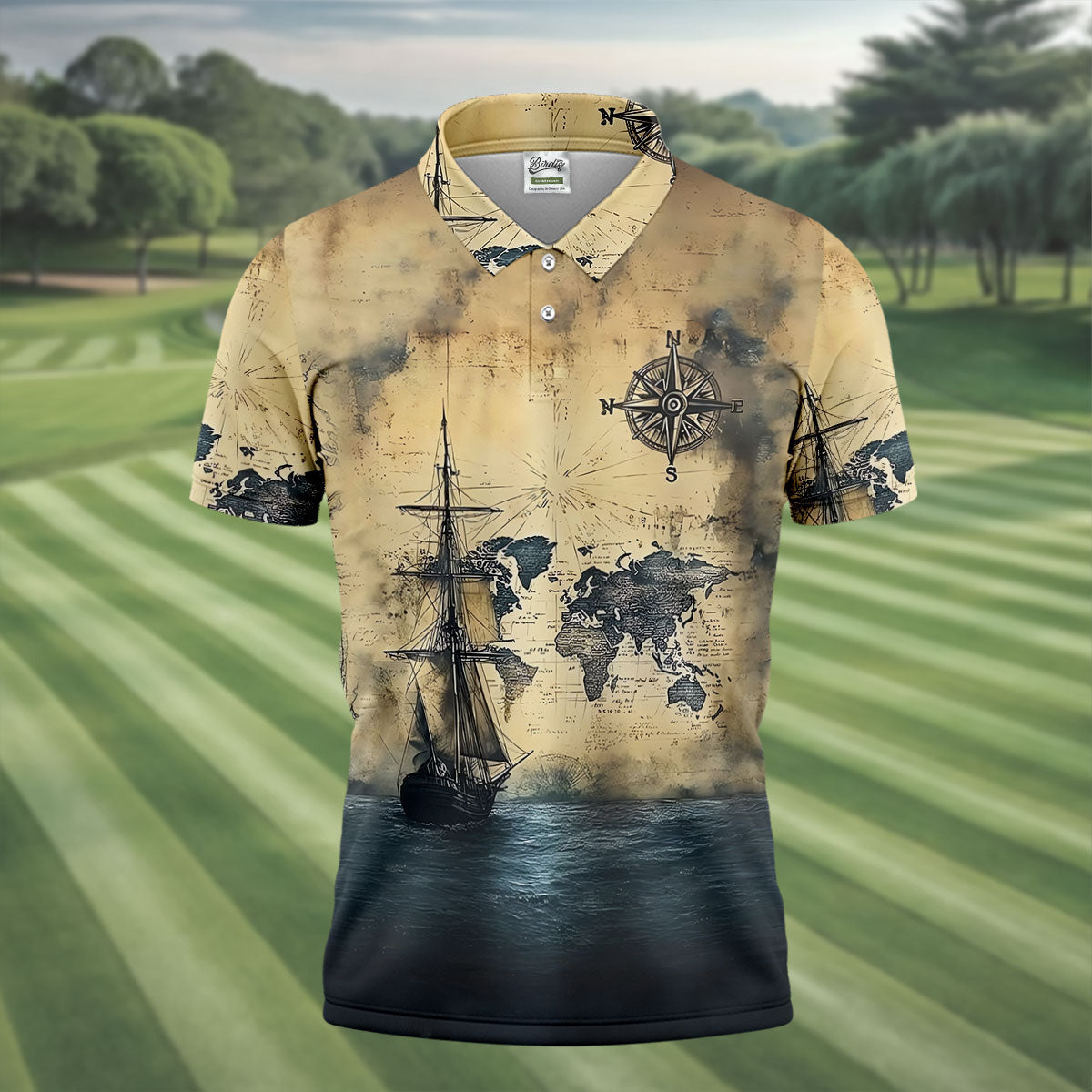 Vintage Ship Map Compass Ocean Golf Shirt, Hawaiian Golf Shirt, Mens Golf Shirts