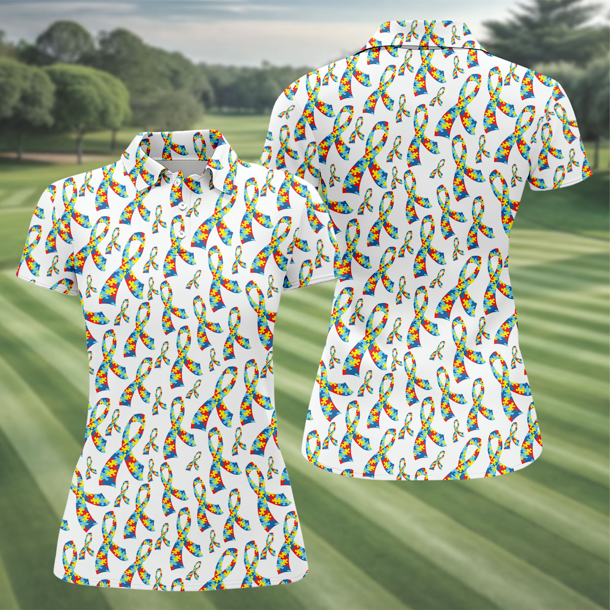 Autism Awareness Ribbon Women's Golf Tops, Autism Ribbon Ladies Golf Shirts, Ladies Golf Polos