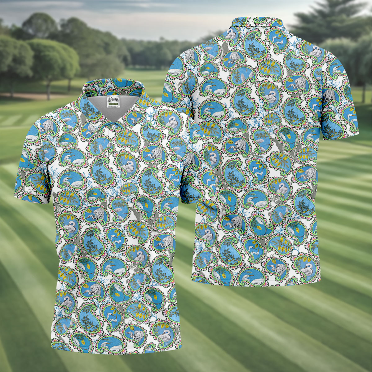 Paisley Flowers Heron Painting Print Golf Shirt, Polo Shirtor Men, Golf Shirts For Men
