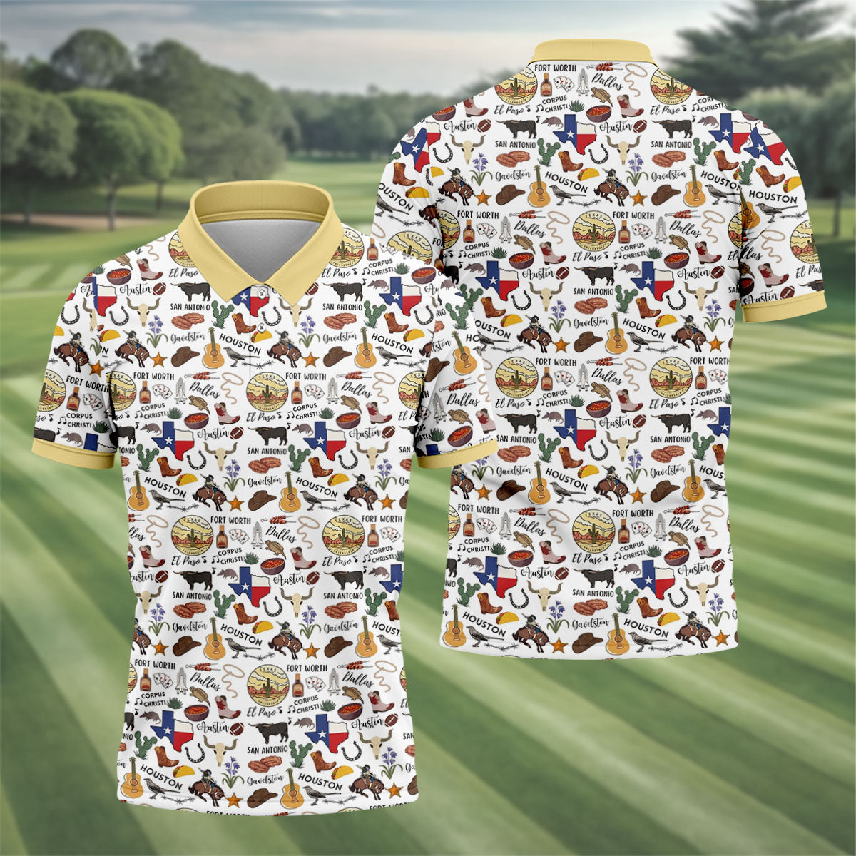 Texas Symbols Western Theme Doodle Style Golf Tops For Men, Polo Shirtor Men, Golf Shirts For Men