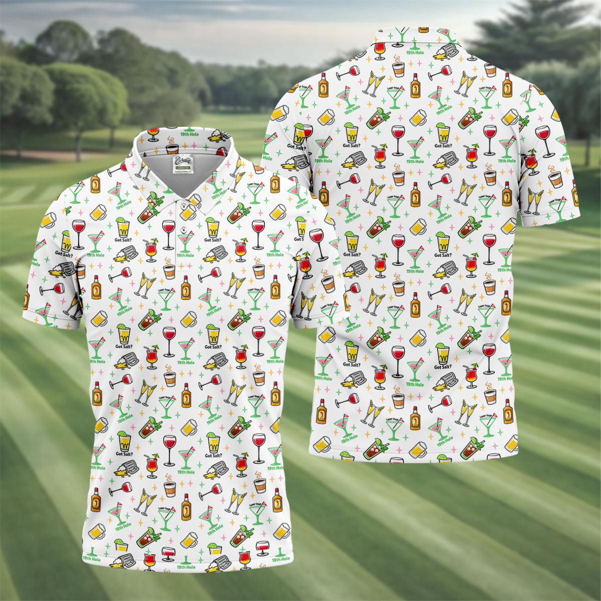 19th Hole Cocktail Drinks Pattern Golf Shirt, Mens Golf Polo, Printed Golf Shirts
