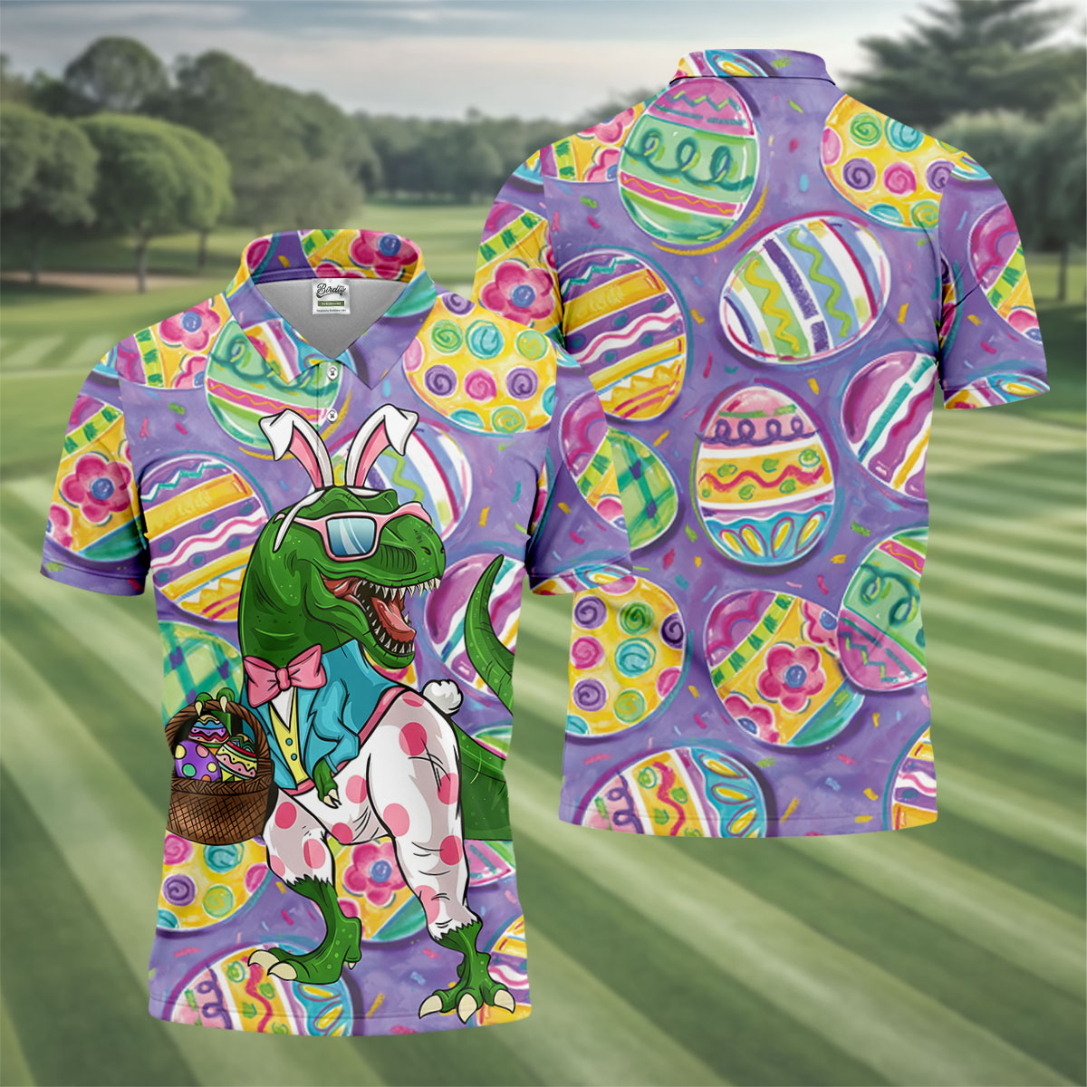 T-Rex Bunny Painted Easter Eggs Golf Shirts For Men, Men's Funny Golf Shirts, Polo ShirtFor Men