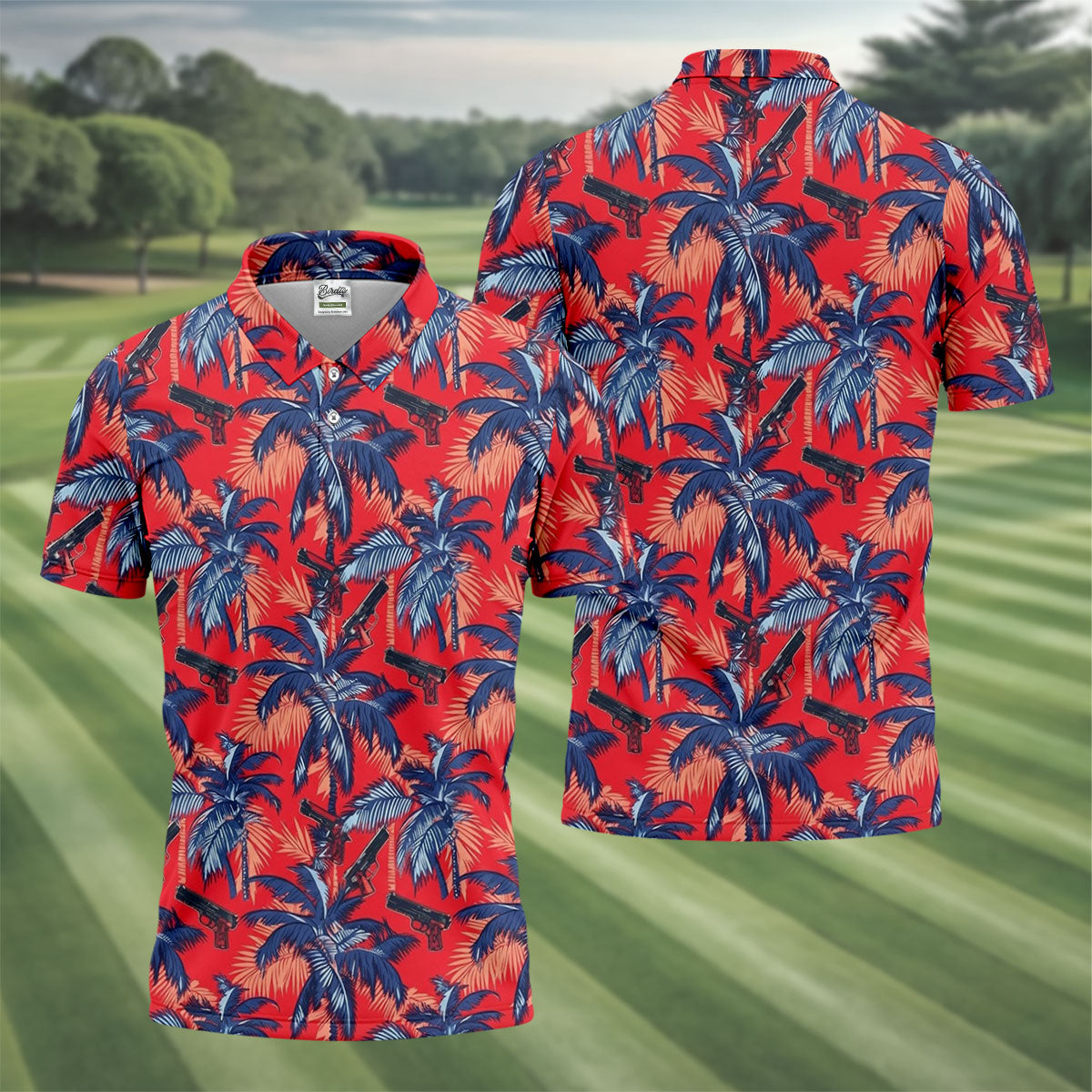 Hawaiian Palm Tree Military Theme Red Golf Shirt, Golf Shirts For Men, Polo ShirtFor Men