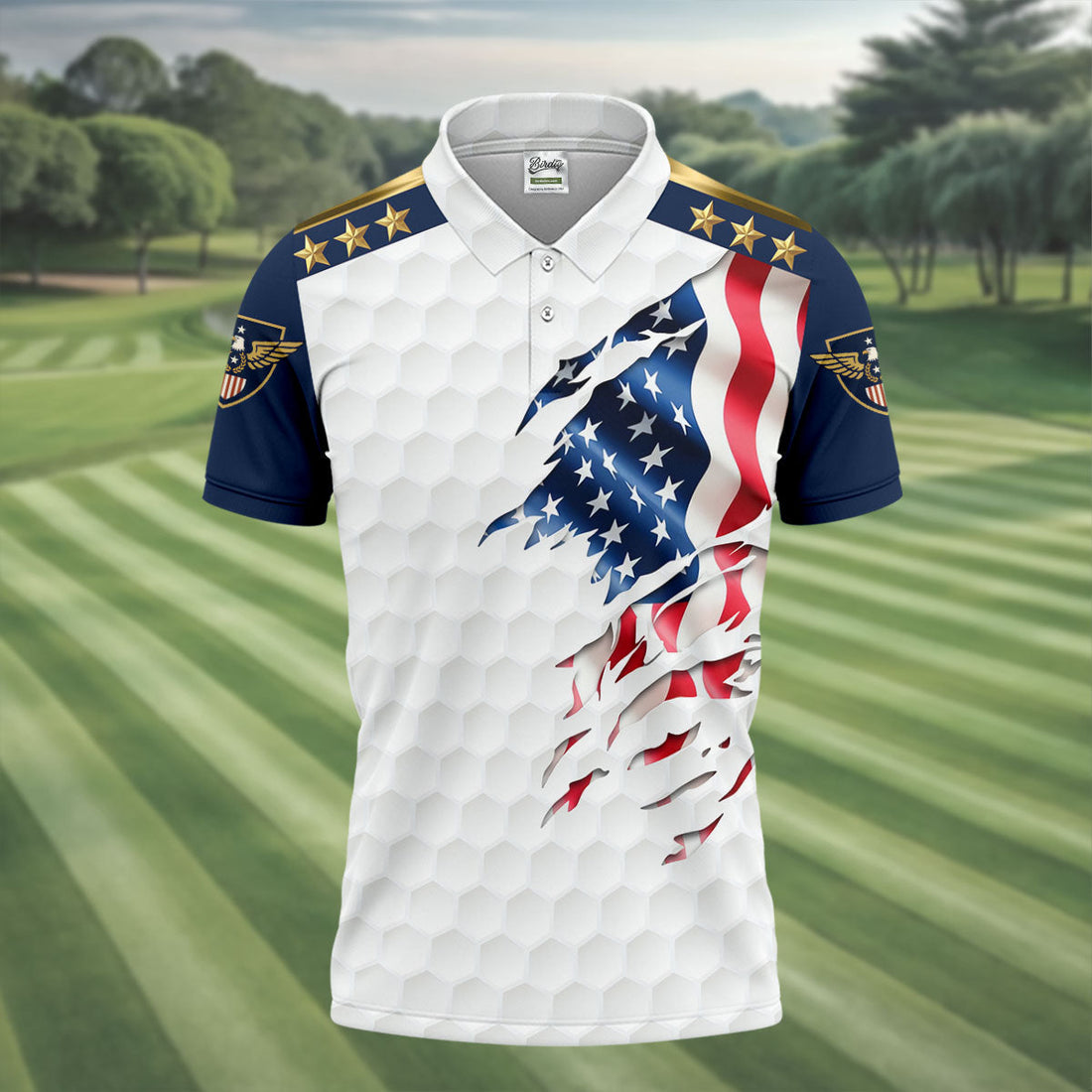Rugged American Flag With Golf Ball Pattern 4th Of July Golf Tops For Men, 250th Anniversary Patriotic Golf Shirt