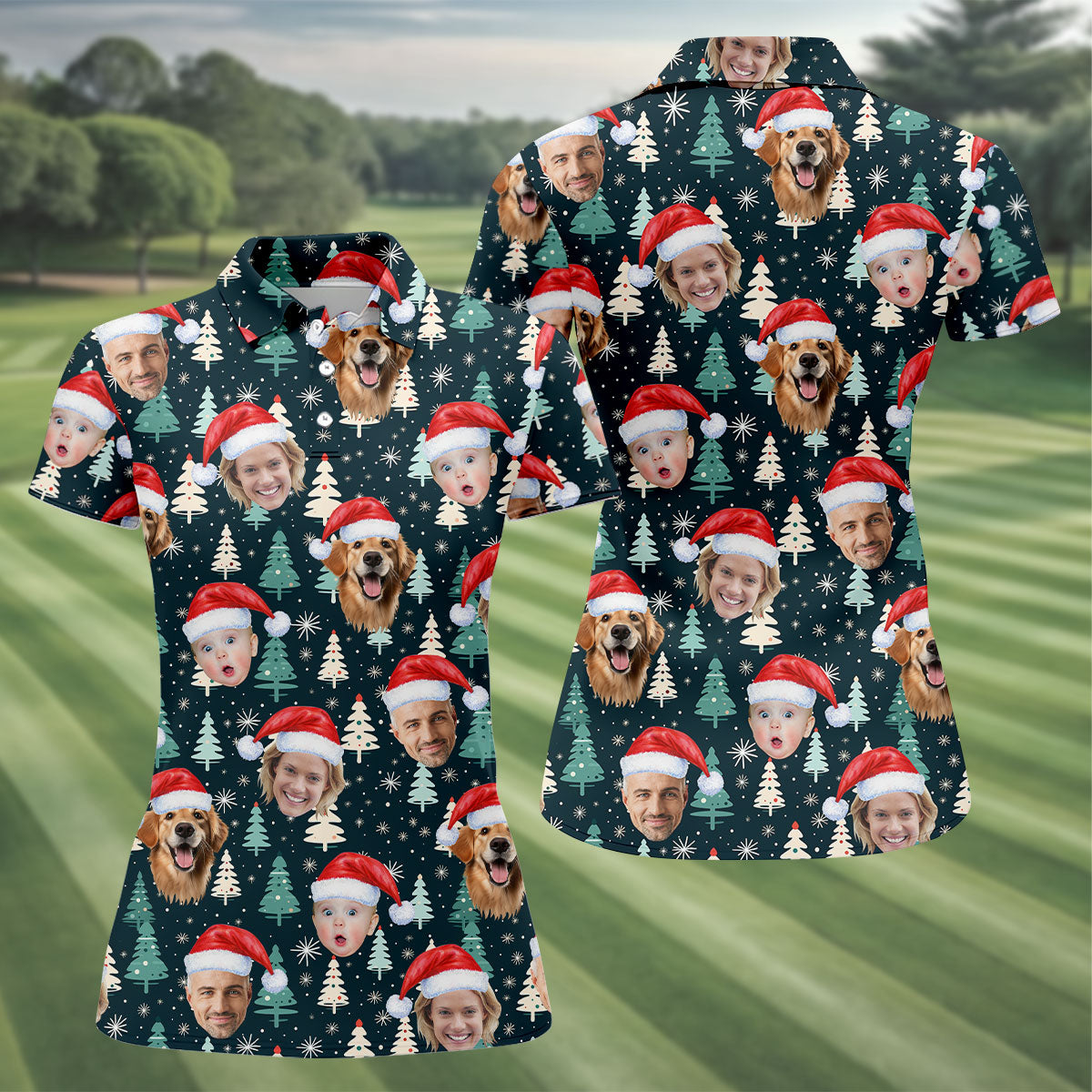 Custom Face Little Pine Tree Snowflake Pattern Christmas Golf Shirt, Women's Golf Tops, Golf Gift For Ladies