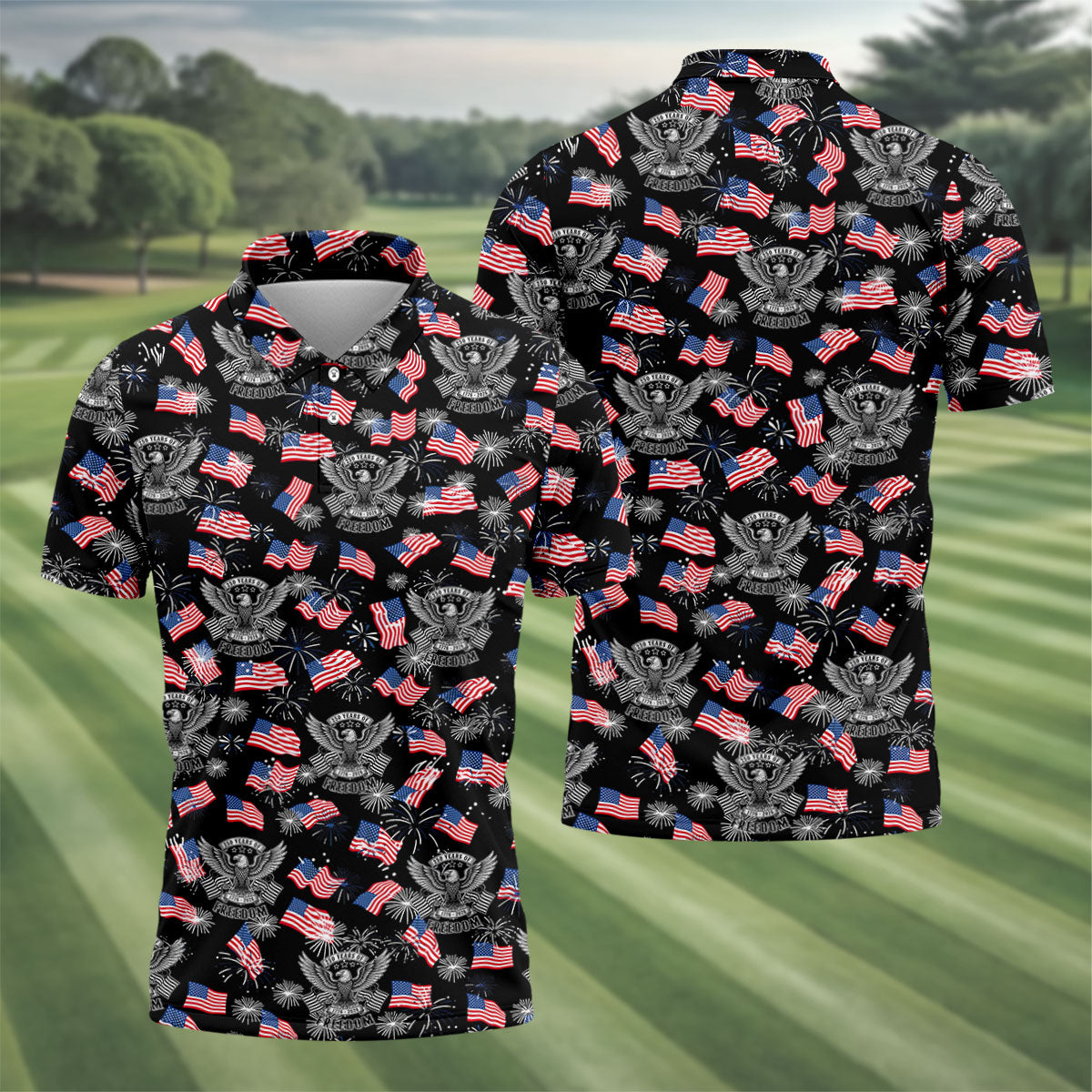 250 Years Of Freedom Festive Flag Vintage Black Golf Shirt, Patriotic 4th Of July Golf Shirts For Men