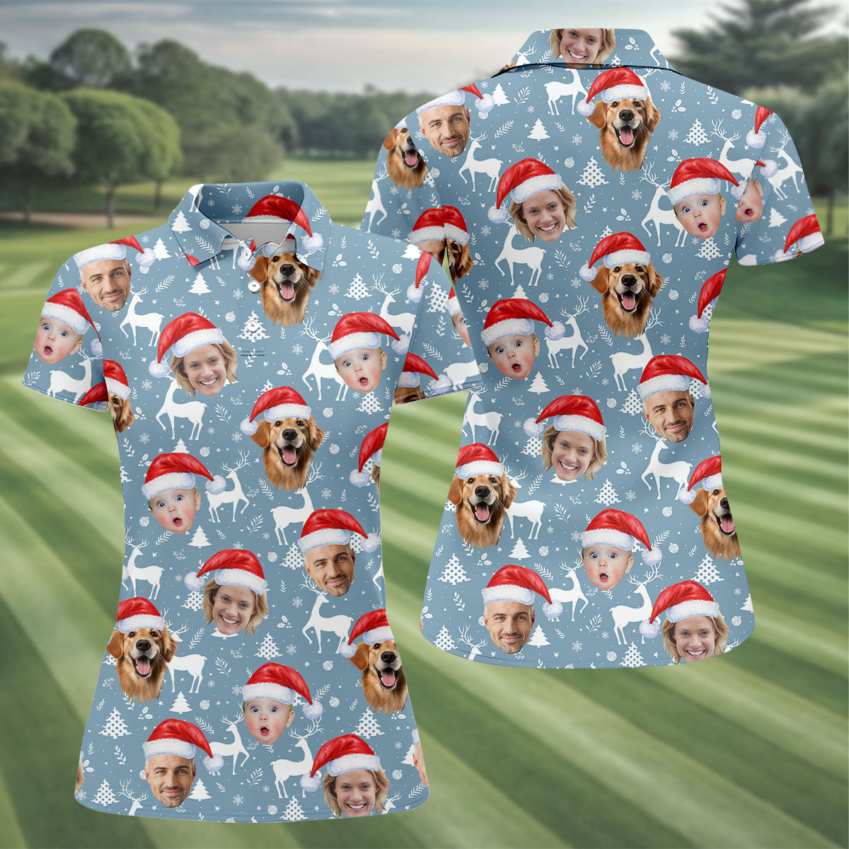 Custom Face Reindeer Pattern Ice Blue Christmas Golf Shirt, Women's Golf Tops, Golf Gift For Ladies