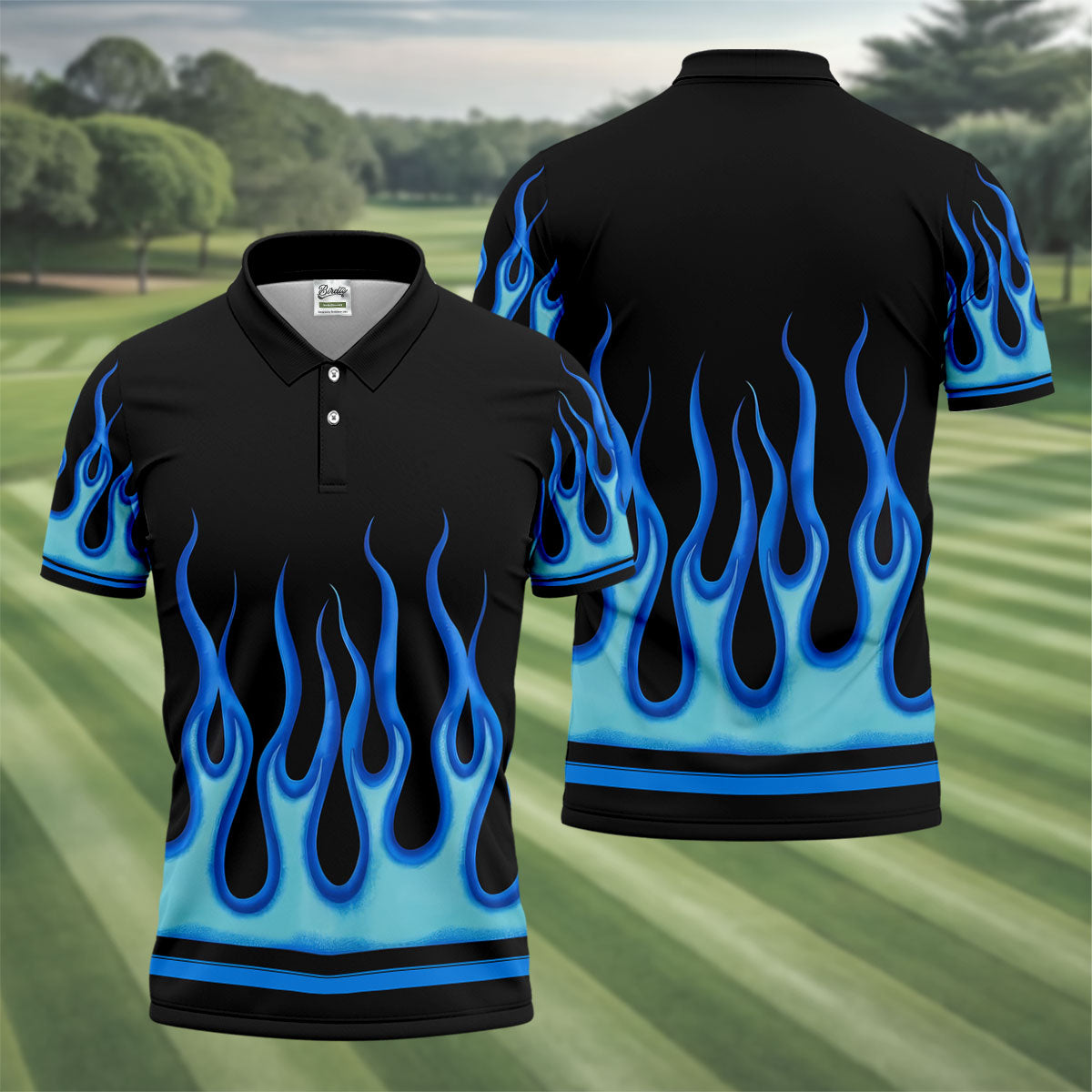 Black Blue Flame Sleeve Golf Shirt, Men's Golf Shirt, Golf Apparel For Men